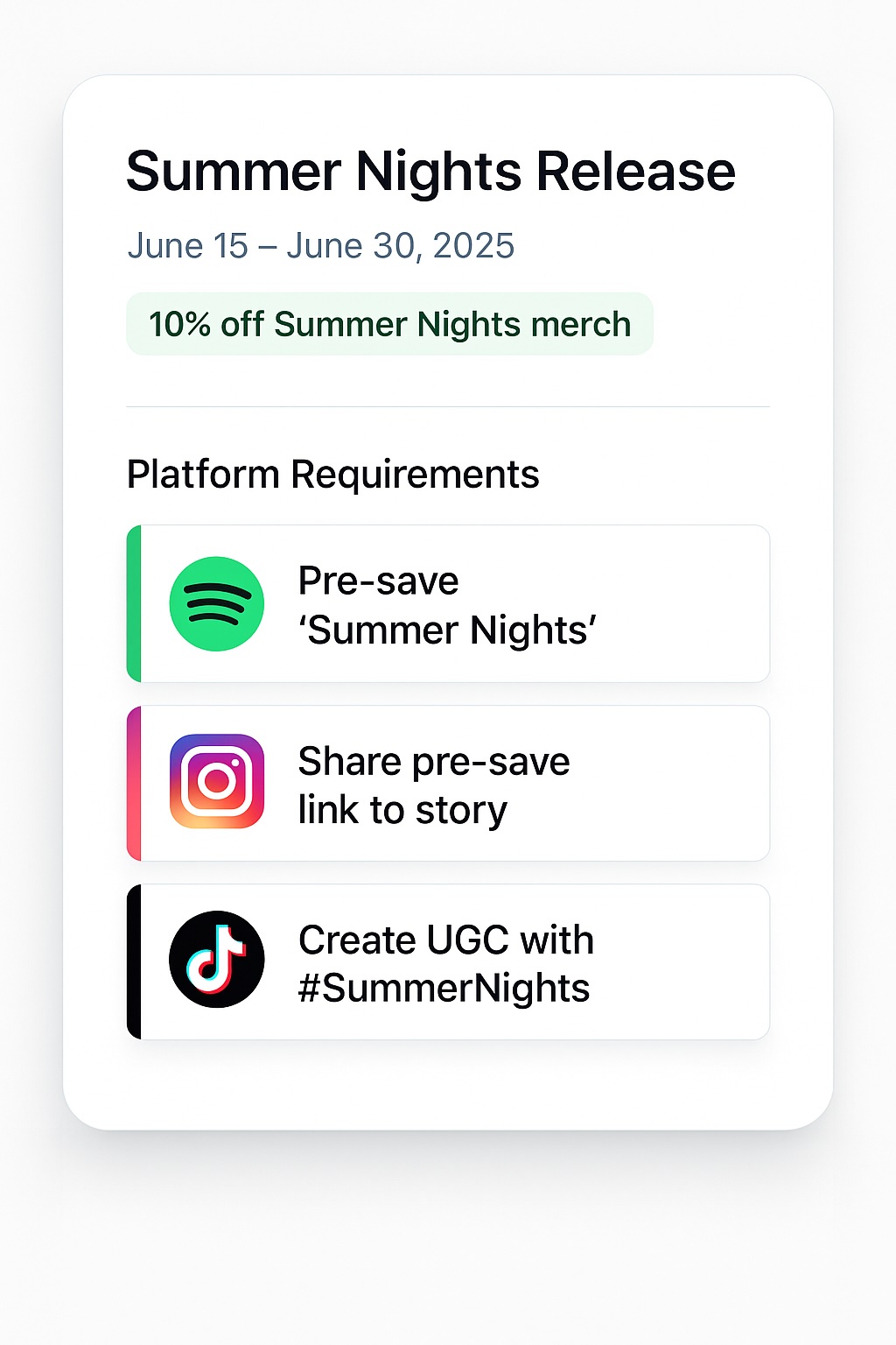 Summer Nights Release campaign showing platform requirements for Spotify pre-save, Instagram story sharing, and TikTok UGC creation